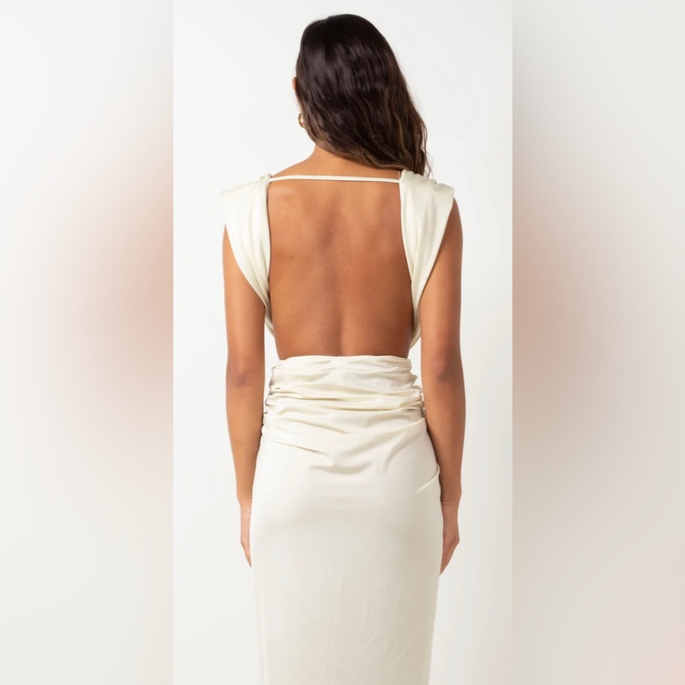 Baobab Mia Plunge V-Neck Gathered Midi Sheath Dress, NWT Ivory - Picture 15 of 16